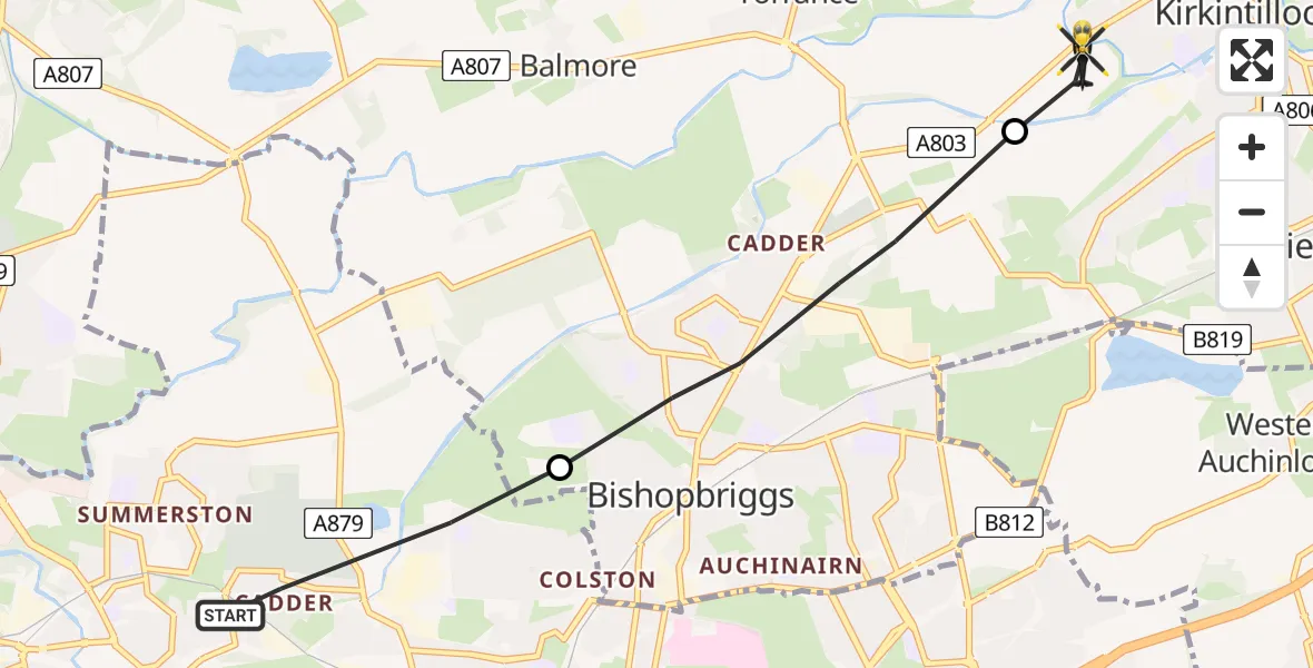 Flight path map showing Police Helicopter route from Glasgow to Kirkintilloch