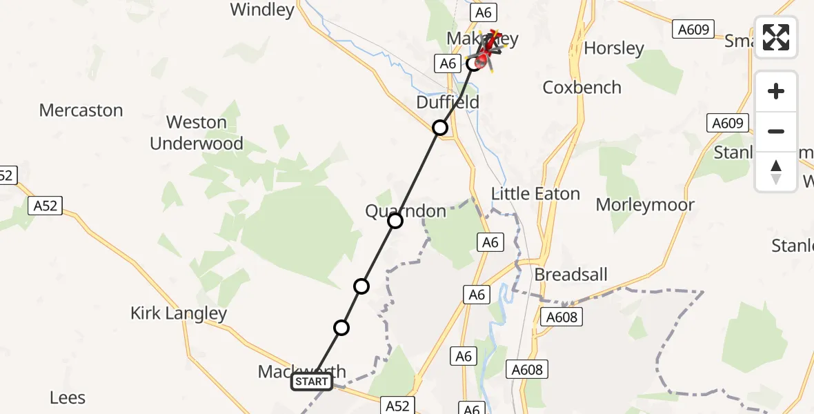Flight path map showing Air Ambulance Helicopter route from Mackworth to Belper CP