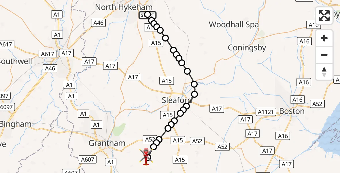 Flight path map showing Air Ambulance Helicopter route from RAF Waddington to South Kesteven