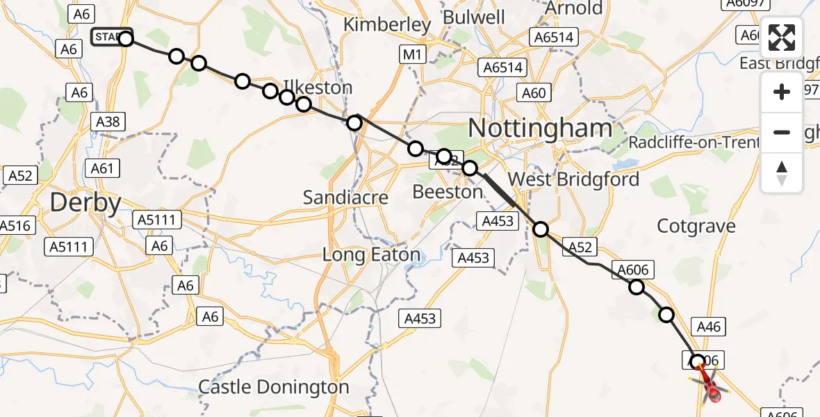 Flight path map showing Air Ambulance Helicopter route from Holbrook CP to Nottingham Heliport
