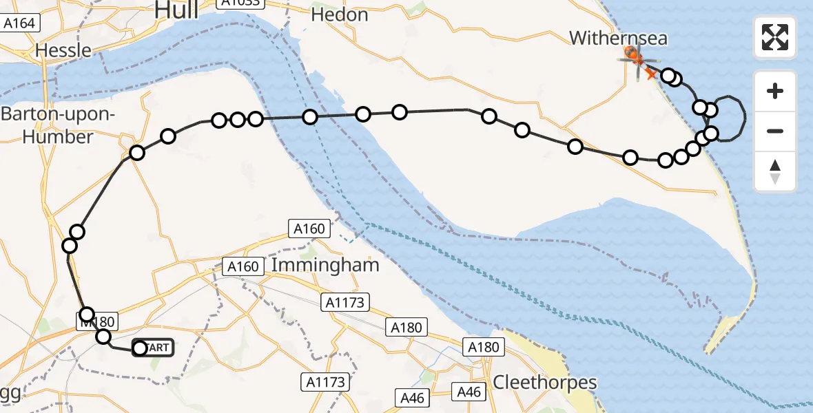 Flight path map showing Coastguard Helicopter route from Humberside Airport to Withernsea