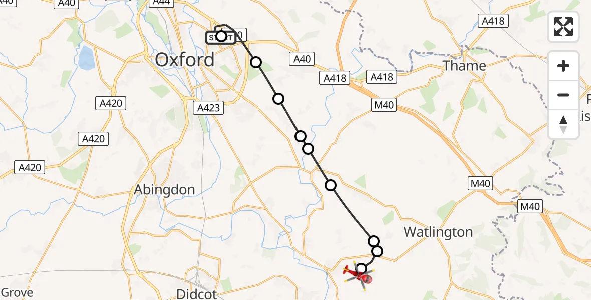 Flight path map showing Air Ambulance Helicopter route from John Radcliffe Hospital to RAF Benson