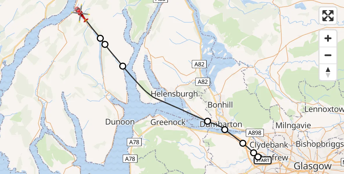 Flight path map showing Air Ambulance Helicopter route from Glasgow Airport to Strachur