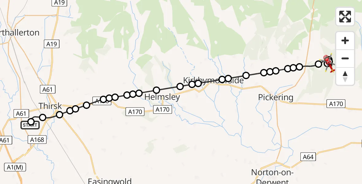 Flight path map showing Air Ambulance Helicopter route from RAF Topcliffe to Allerston