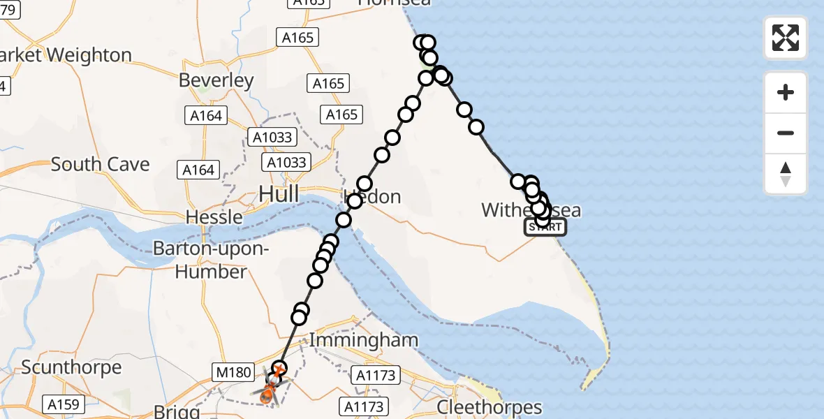 Flight path map showing Coastguard Helicopter route from Hollym Airfield to Humberside Airport