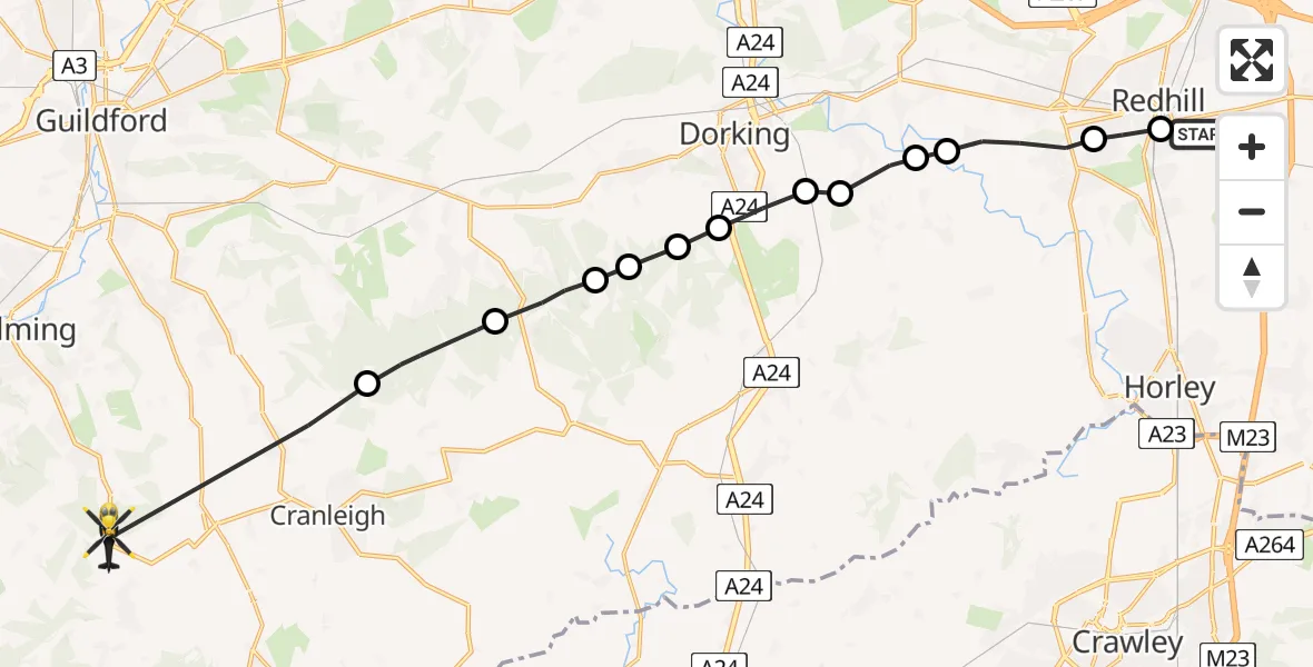 Flight path map showing Police Helicopter route from South Nutfield to Hascombe