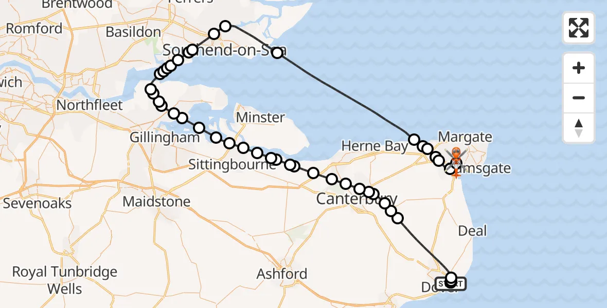 Flight path map showing Coastguard Helicopter route from Langdon Battery Heliport to Manston Airport