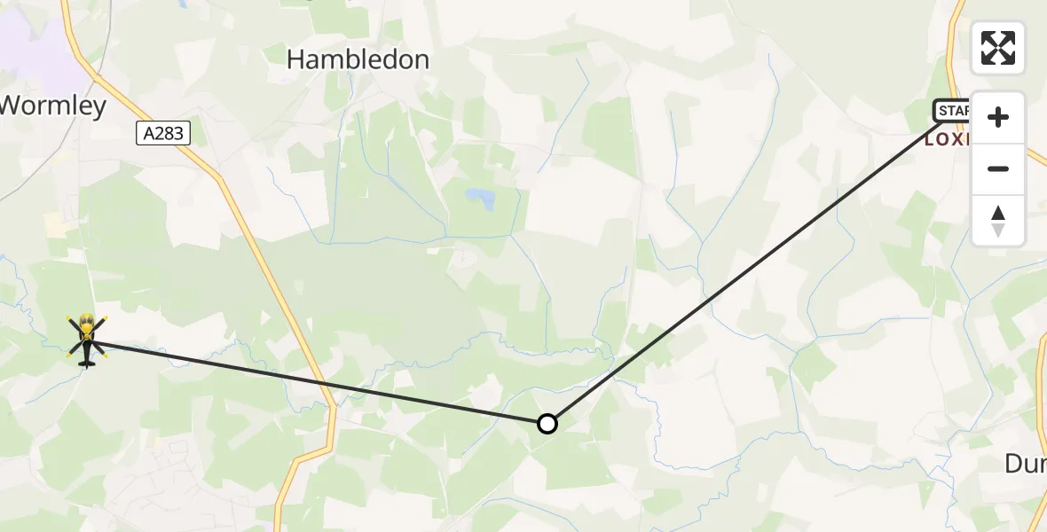 Flight path map showing Police Helicopter route from Hascombe to Chiddingfold