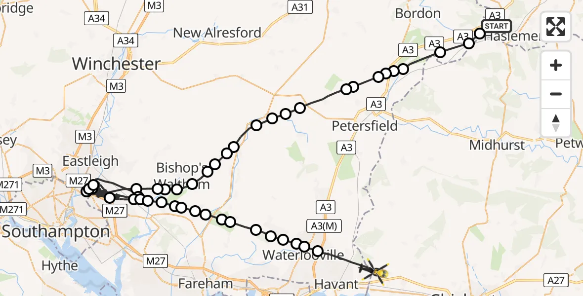 Flight path map showing Police Helicopter route from Haslemere to Havant