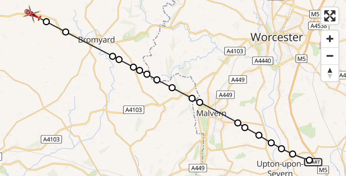 Flight path map showing Air Ambulance Helicopter route from Hill Croome to Hatfield and Newhampton