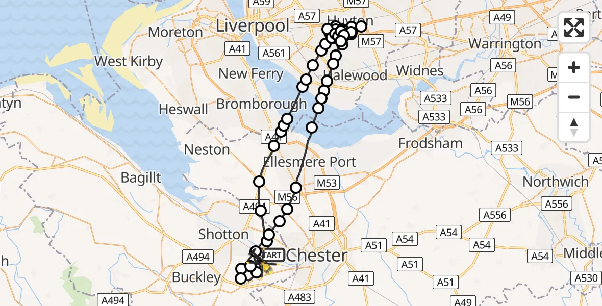 Flight path map showing Police Helicopter route from Saltney Ferry to Sandycroft