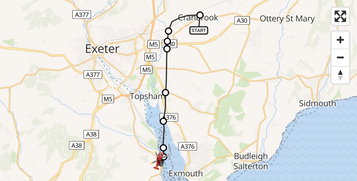 Flight path map showing Air Ambulance Helicopter route from Exeter International Airport to Starcross