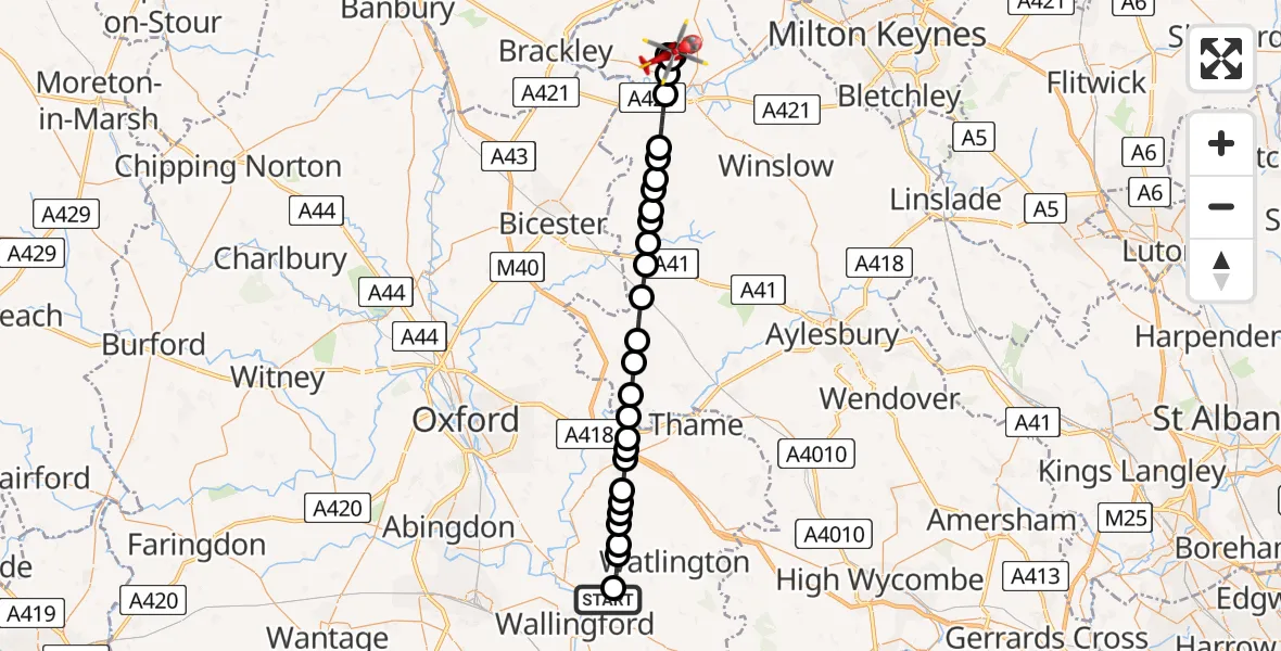 Flight path map showing Air Ambulance Helicopter route from RAF Benson to Dadford