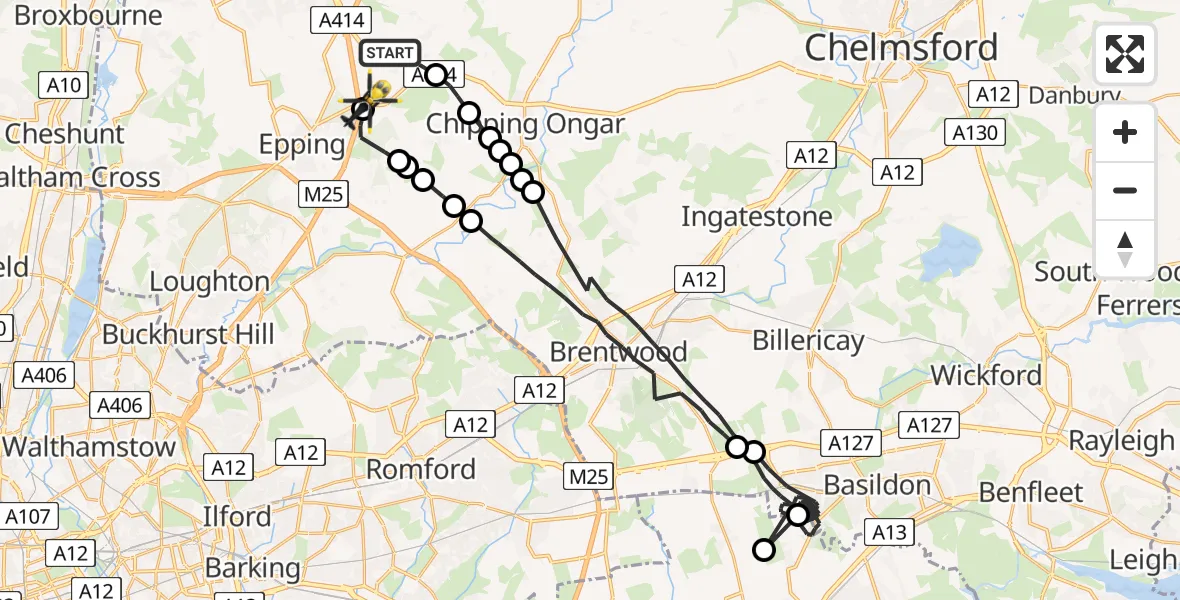 Flight path map showing Police Helicopter route from North Weald Bassett to Coopersale