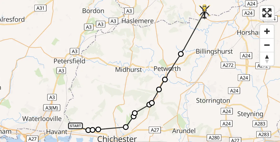 Flight path map showing Police Helicopter route from Westbourne to Cranleigh