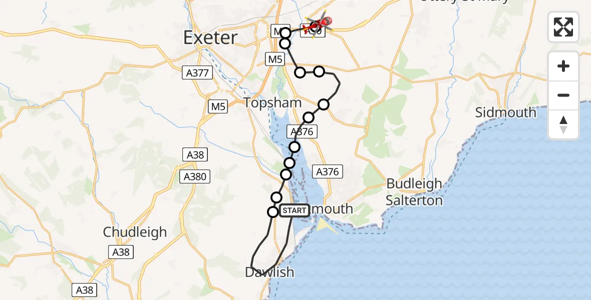Flight route Air Ambulance Helicopter Dawlish - Exeter International Airport, 19 April 2026, 09:44
