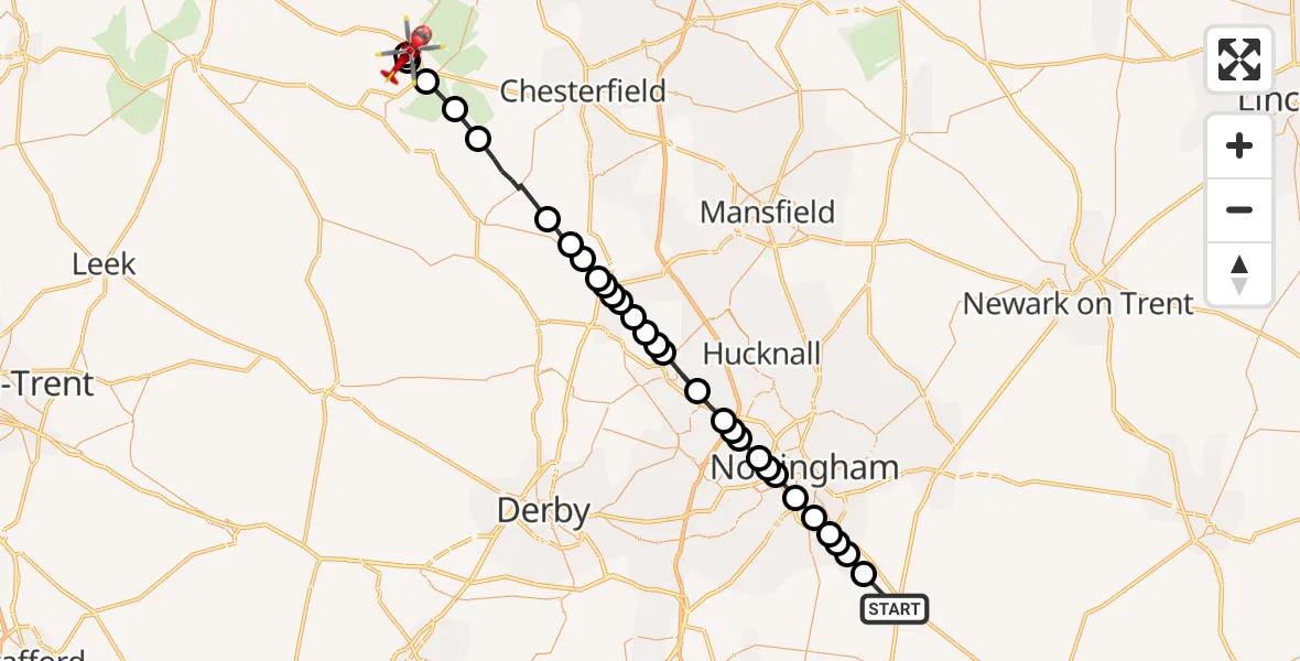 Flight path map showing Air Ambulance Helicopter route from Widmerpool to Calver CP