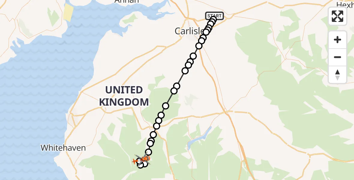 Flight path map showing Coastguard Helicopter route from Carlisle Lake District Airport to Seatoller