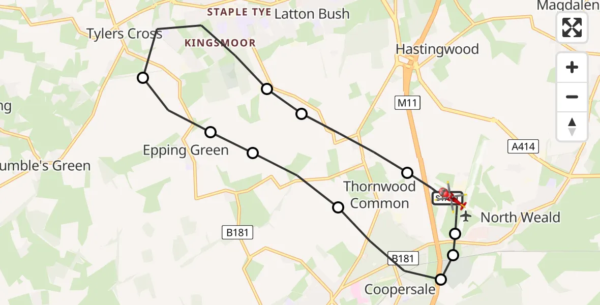 Flight route Air Ambulance Helicopter North Weald Airfield - North Weald Airfield, 19 April 2026, 09:50