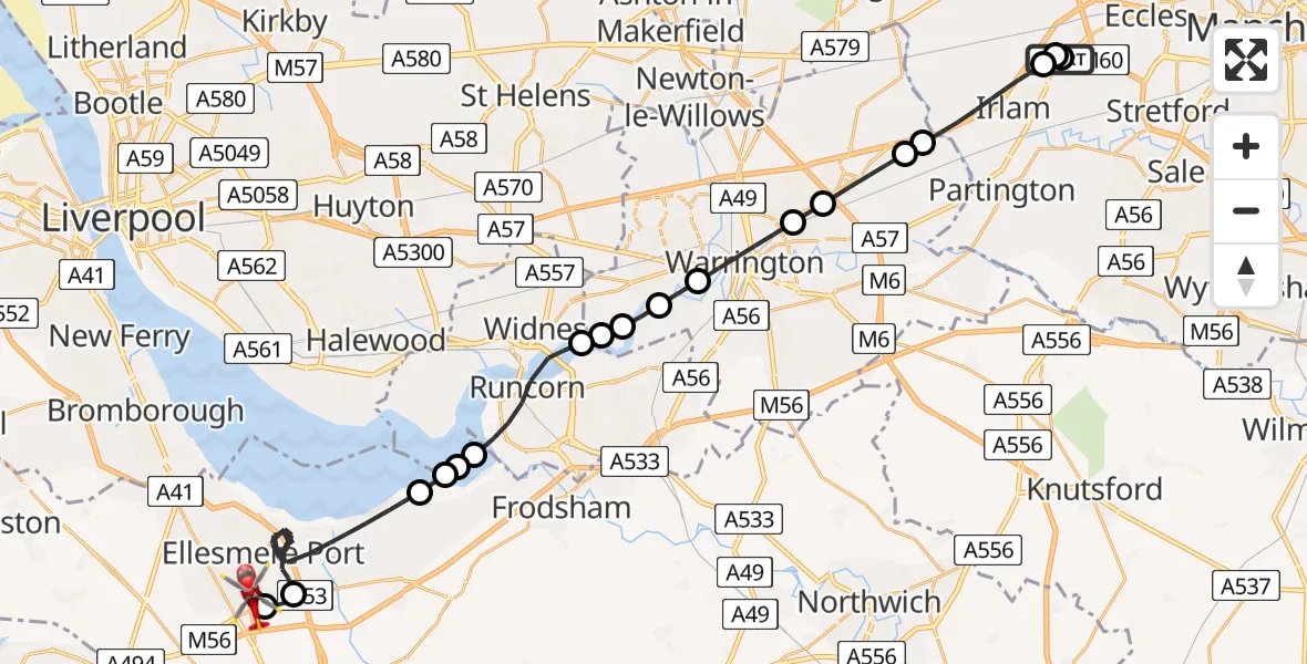 Flight path map showing Air Ambulance Helicopter route from Manchester Barton Aerodrome to Ellesmere Port