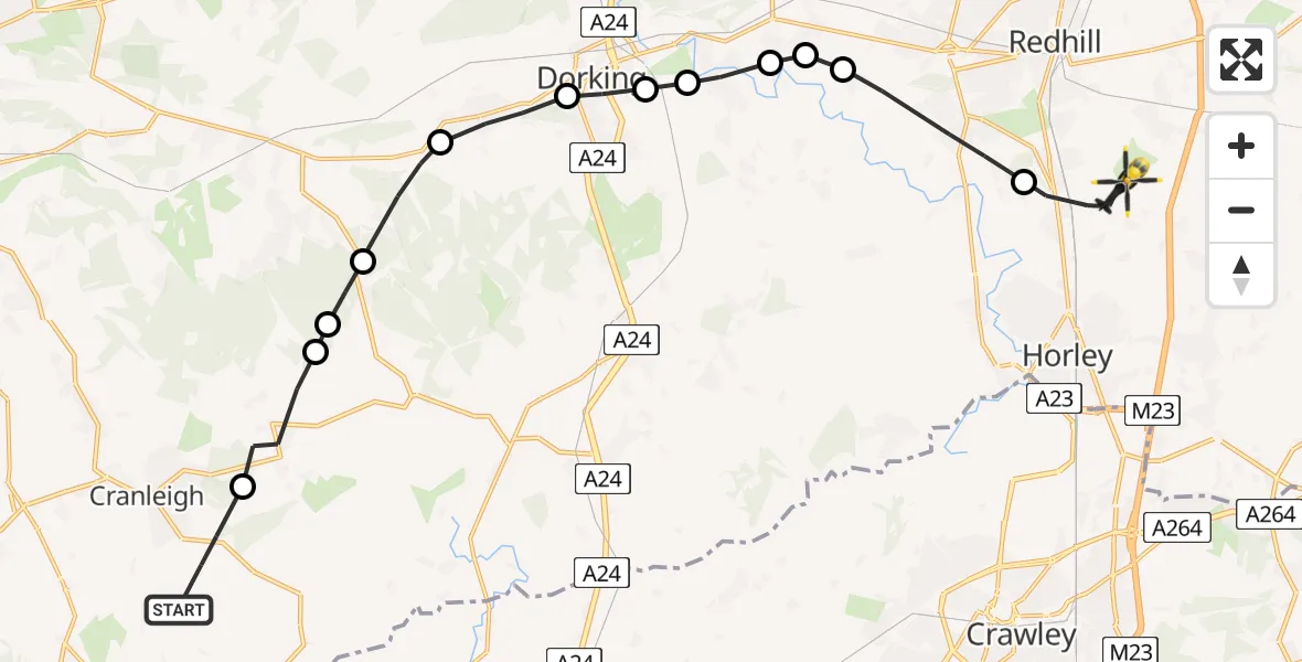 Flight path map showing Police Helicopter route from Cranleigh to Salfords