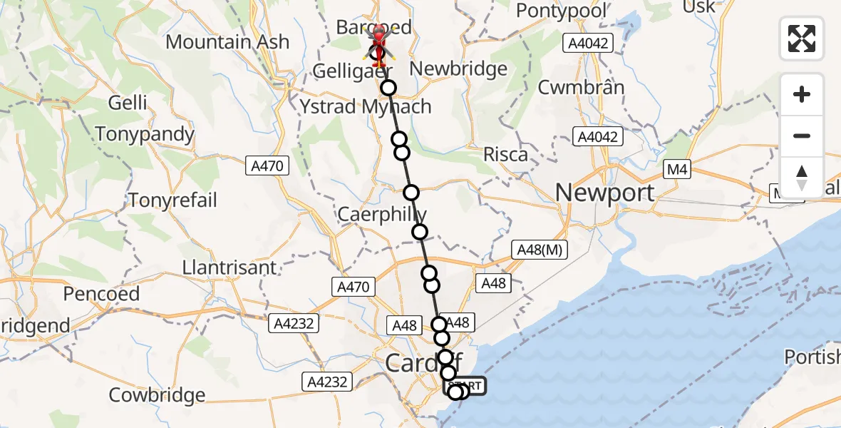 Flight path map showing Air Ambulance Helicopter route from Cardiff Heliport to Bargoed