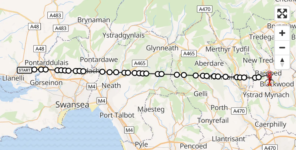 Flight path map showing Air Ambulance Helicopter route from Dafen to Bargoed