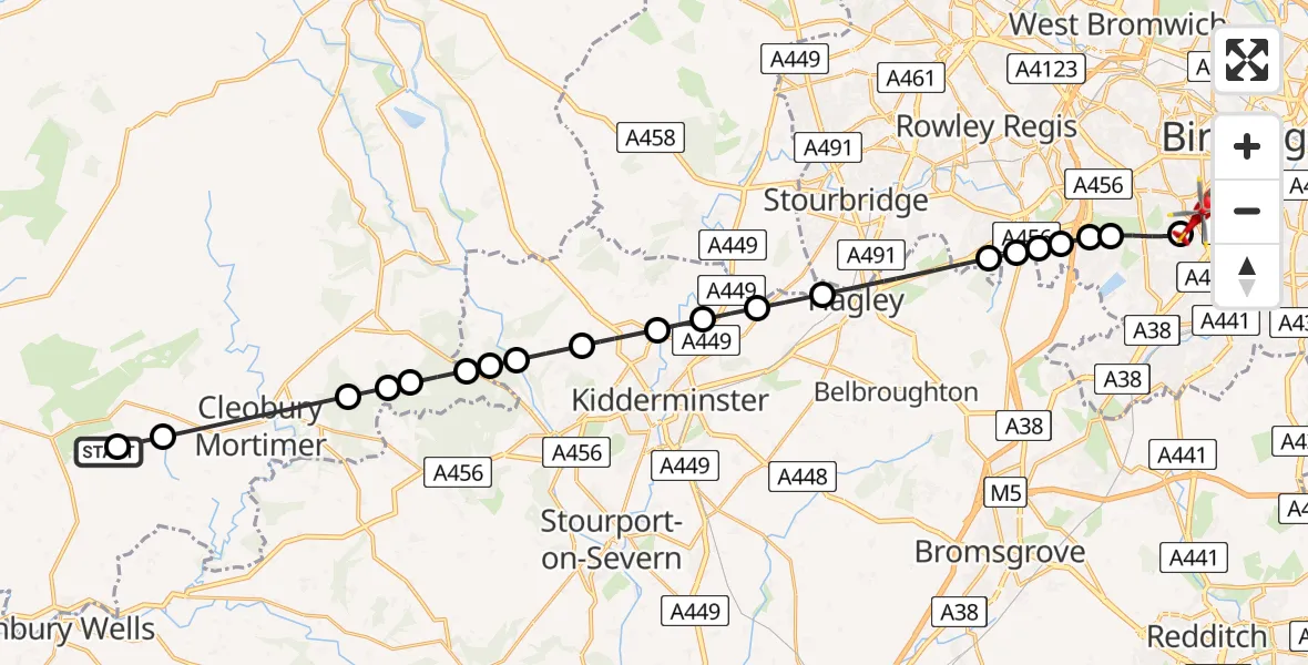 Flight path map showing Air Ambulance Helicopter route from Hints to Metchley