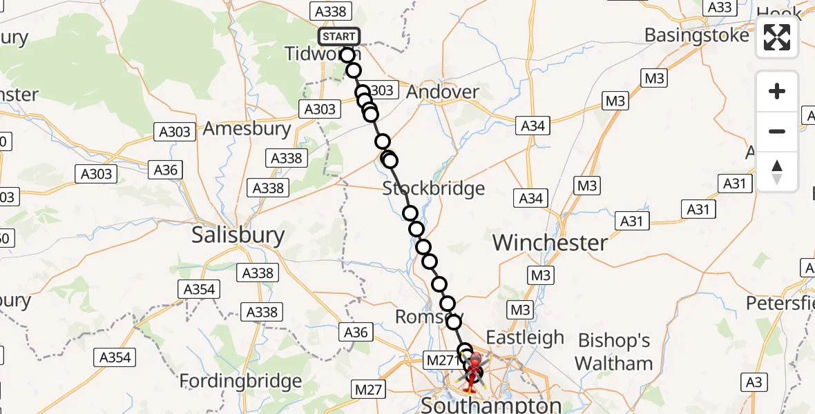 Flight path map showing Air Ambulance Helicopter route from Ludgershall to University Hospital Southampton