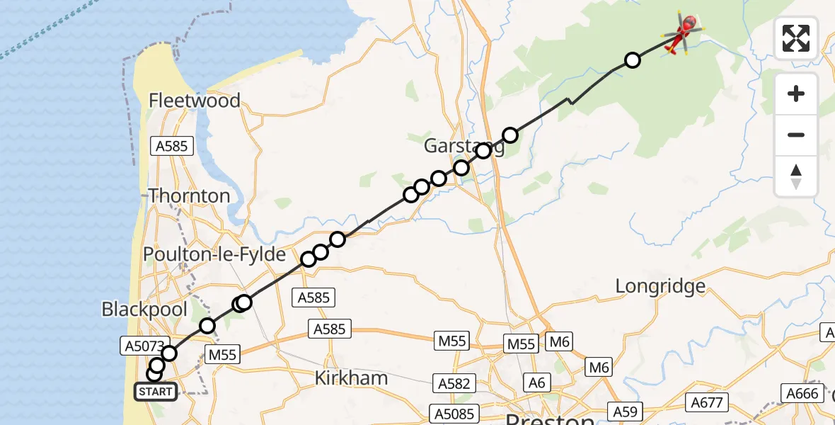 Flight path map showing Air Ambulance Helicopter route from Blackpool Airport to Ribble Valley