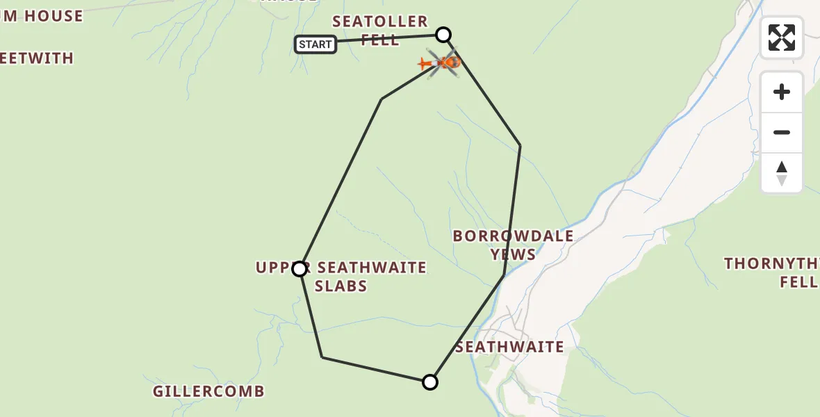 Flight path map showing Coastguard Helicopter route from Borrowdale to Seatoller