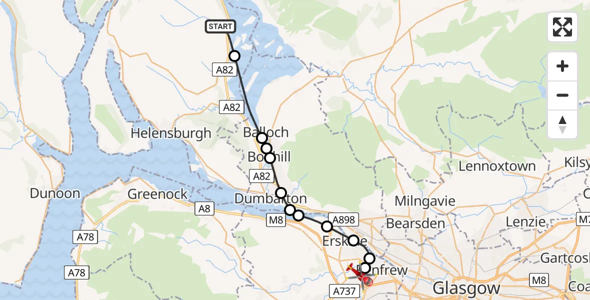 Flight path map showing Air Ambulance Helicopter route from Luss to Glasgow Airport