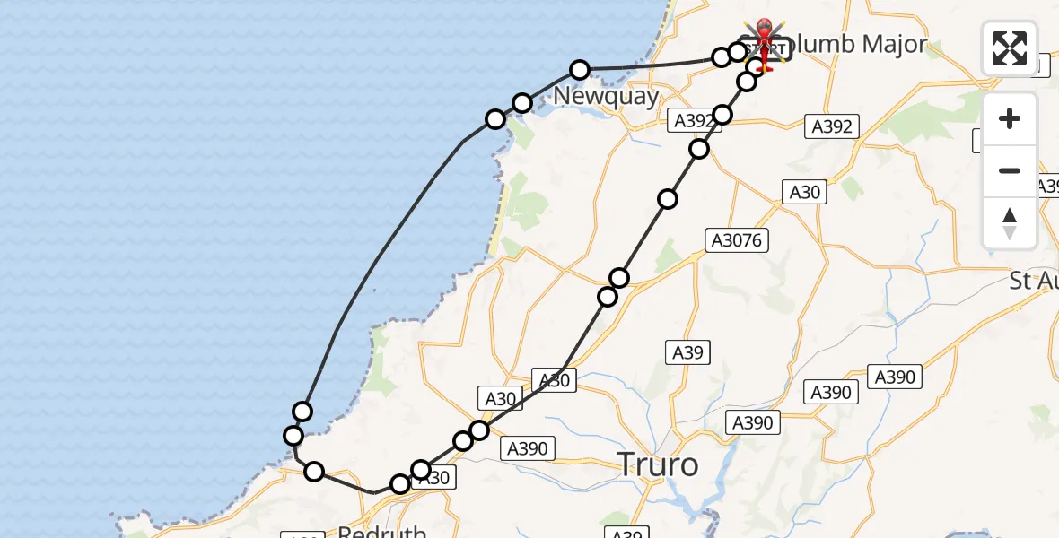 Flight path map showing Air Ambulance Helicopter route from Cornwall Airport Newquay to Cornwall Airport Newquay