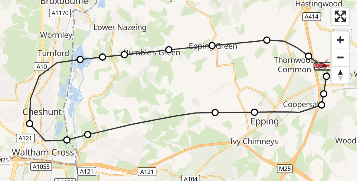 Flight path map showing Air Ambulance Helicopter route from North Weald Airfield to North Weald Airfield