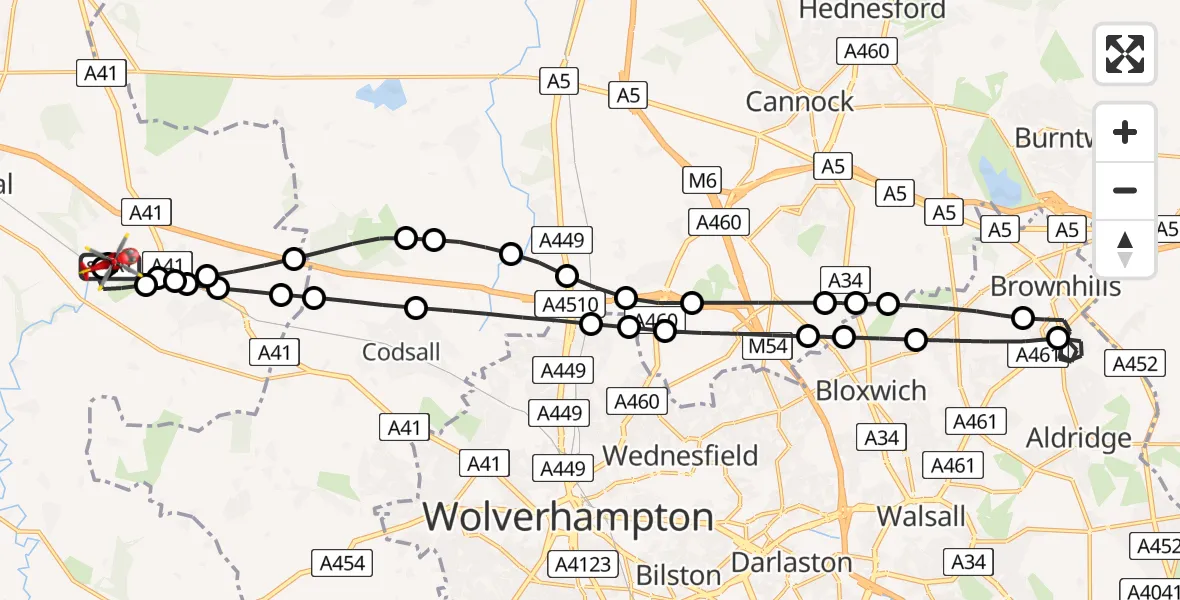 Flight path map showing Air Ambulance Helicopter route from RAF Cosford to Cosford