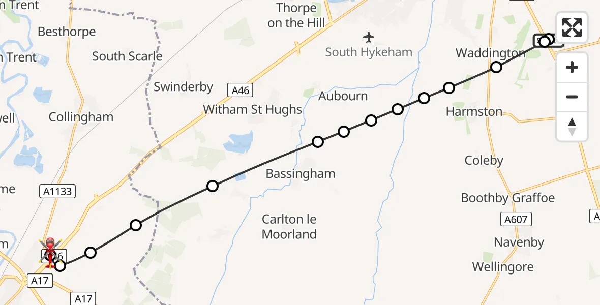 Flight path map showing Air Ambulance Helicopter route from RAF Waddington to Newark and Sherwood