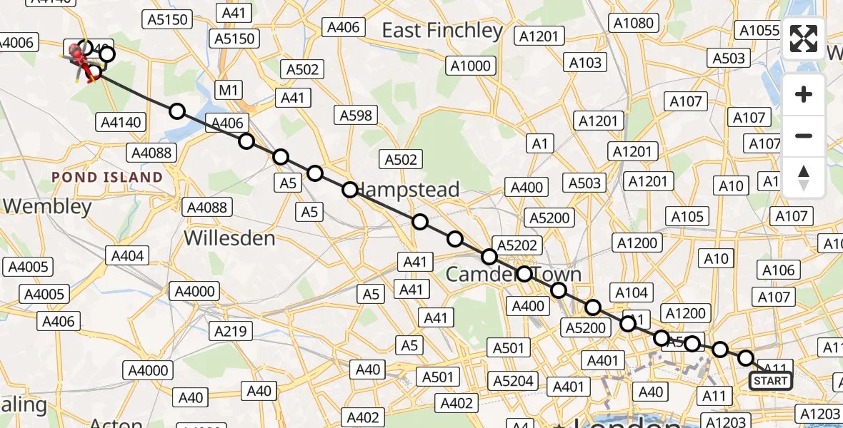 Flight path map showing Air Ambulance Helicopter route from Royal London Hospital to Preston