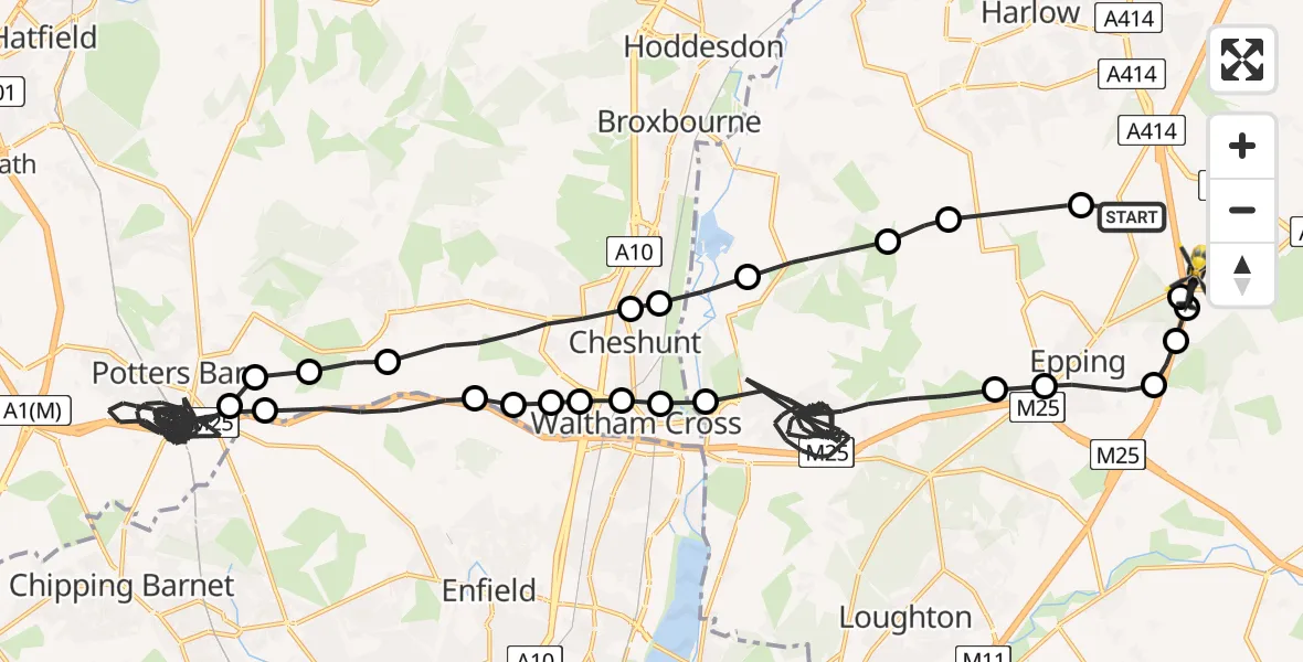 Flight path map showing Police Helicopter route from North Weald Bassett to North Weald Airfield