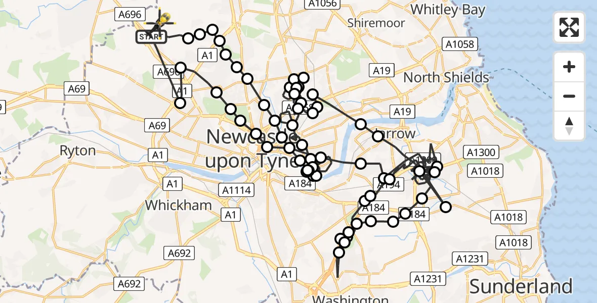 Flight path map showing Police Helicopter route from Newcastle International Airport to Newcastle International Airport