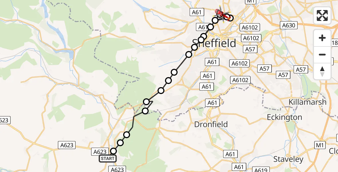 Flight path map showing Air Ambulance Helicopter route from Calver CP to Pitsmoor