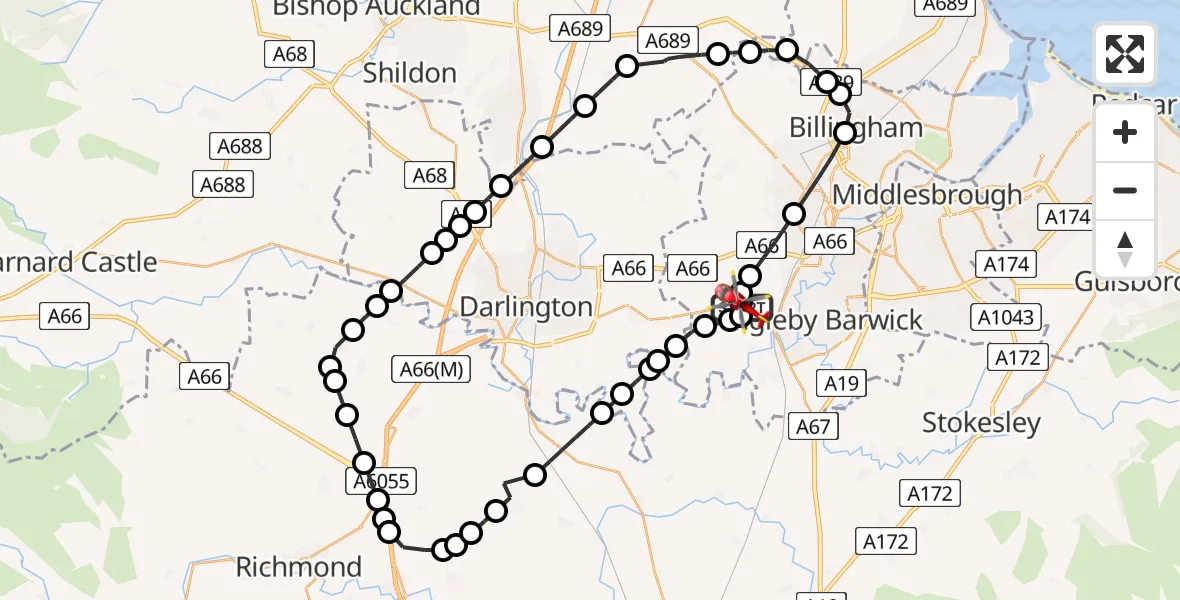 Flight path map showing Air Ambulance Helicopter route from Egglescliffe to Aislaby