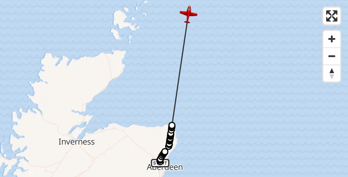 Flight path map showing Air Ambulance Aircraft route from Aberdeen International Airport to North Sea