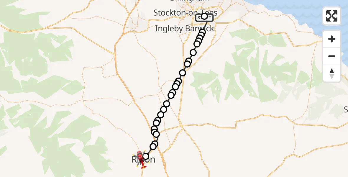 Flight path map showing Air Ambulance Helicopter route from James Cook University Hospital to Ripon