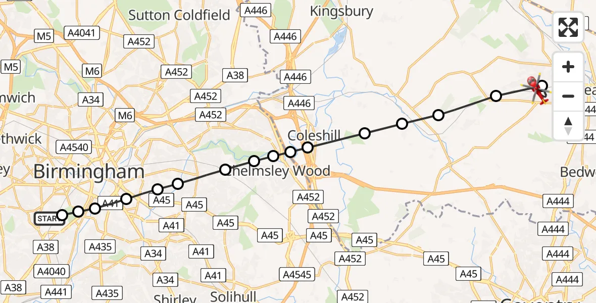 Flight path map showing Air Ambulance Helicopter route from Metchley to Nuneaton