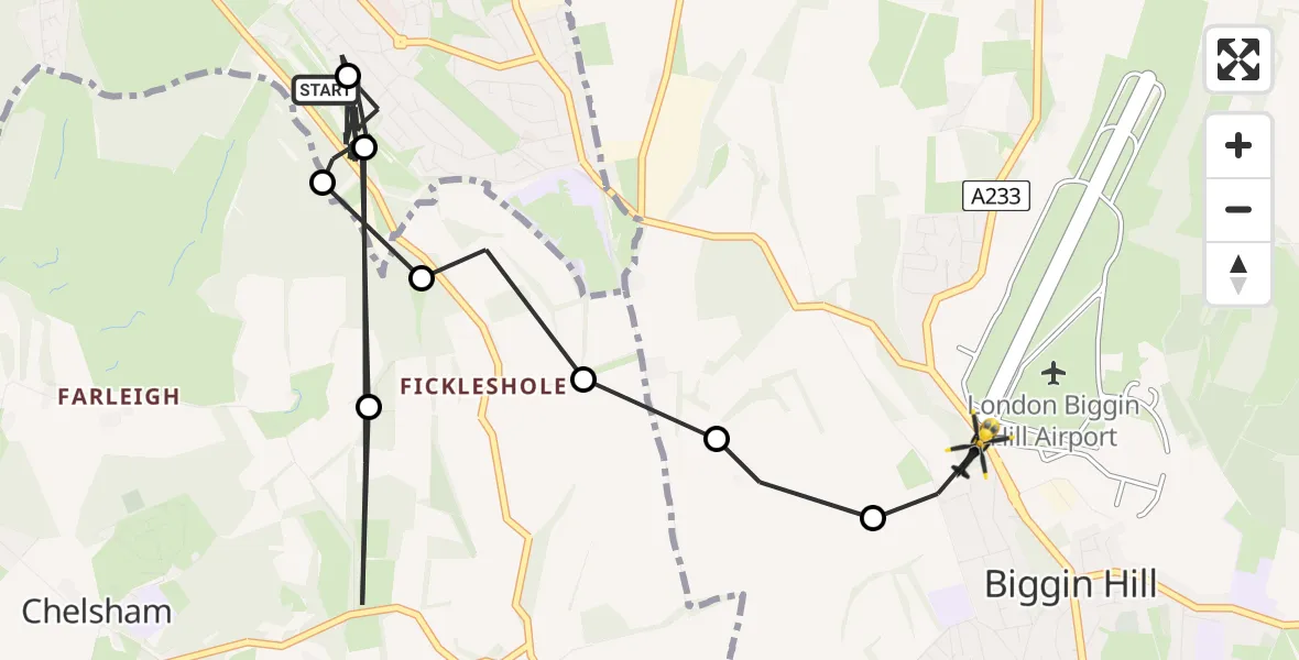 Flight path map showing Police Helicopter route from Chelsham and Farleigh to Bromley