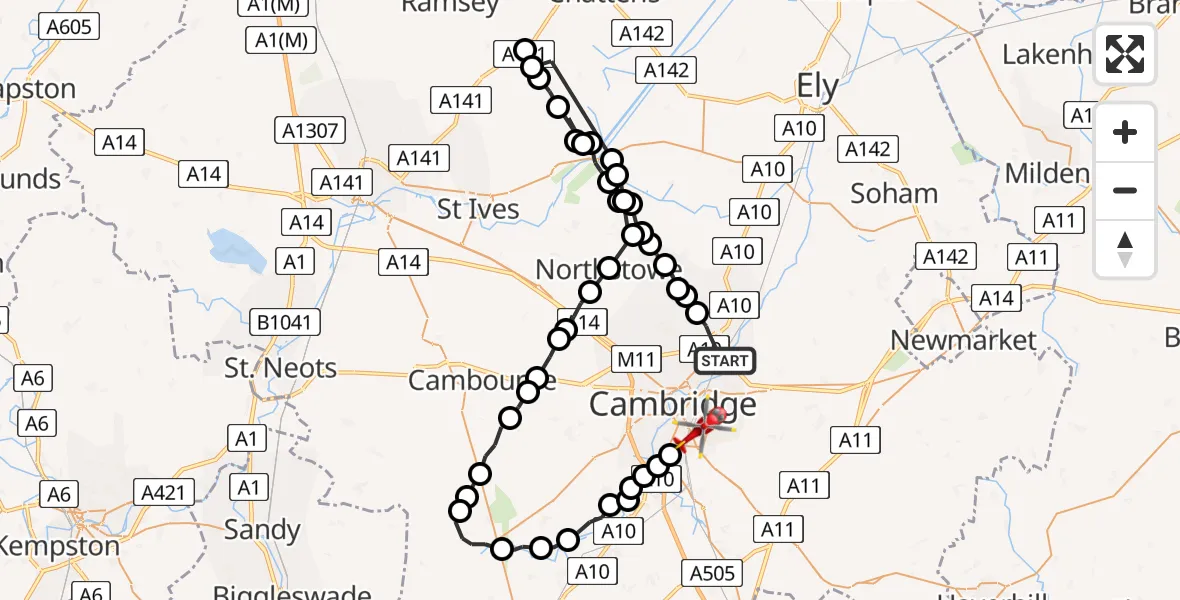 Flight path map showing Air Ambulance Helicopter route from Milton to Cambridge