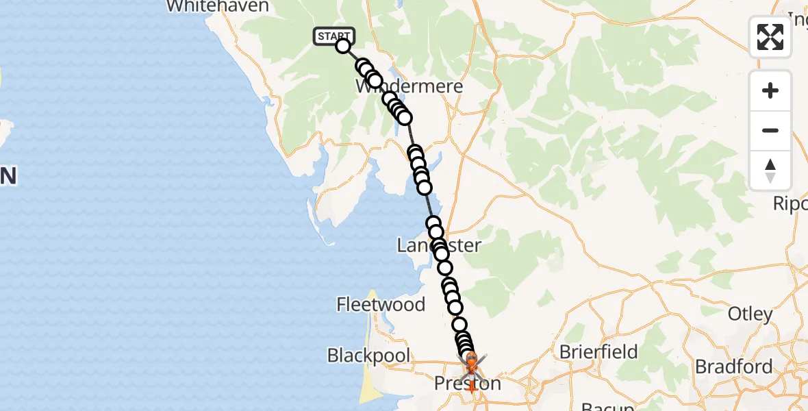 Flight path map showing Coastguard Helicopter route from Borrowdale to Preston