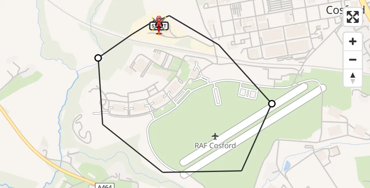 Flight path map showing Air Ambulance Helicopter route from RAF Cosford to Cosford