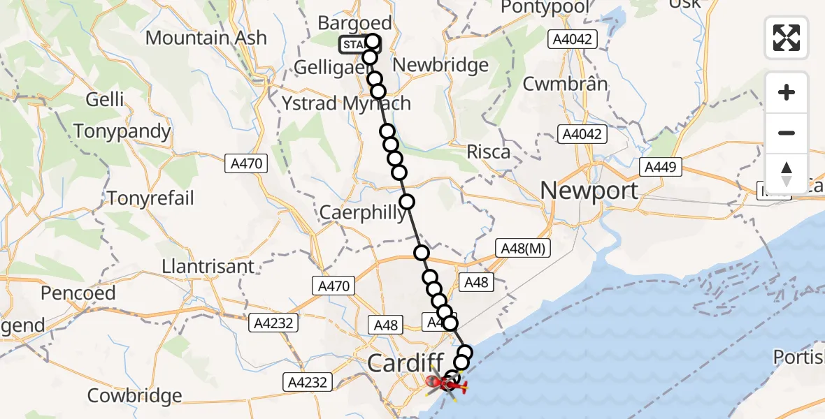Flight path map showing Air Ambulance Helicopter route from Bargoed to Cardiff Heliport