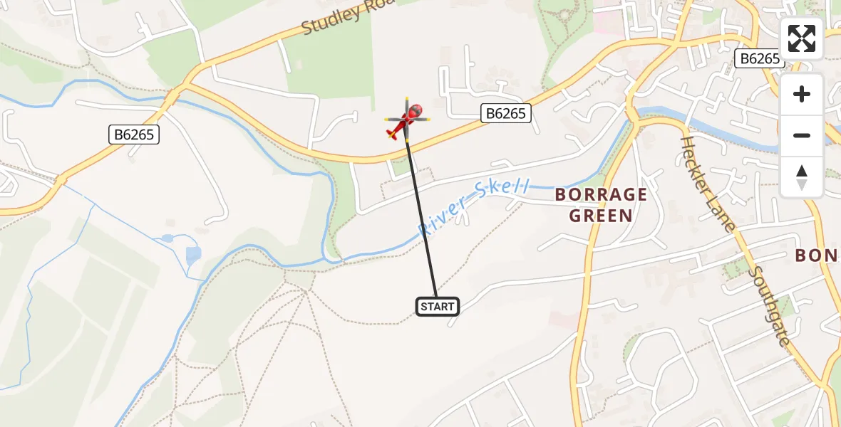 Flight path map showing Air Ambulance Helicopter route from Ripon to Ripon